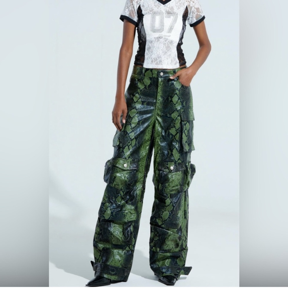 AKIRA Green and Black Snakeskin Wide Leg Faux Leather Pants - Picture 2 of 4
